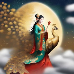 Generate an image of a mysterious ancient Chinese goddess riding a golden peacock, flying in the sky with a cane in her hand