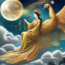 Generate an image of a mysterious ancient Chinese goddess riding a golden peacock, flying in the sky with a cane in her hand