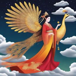 Generate an image of a mysterious ancient Chinese goddess riding a golden peacock, flying in the sky with a cane in her hand