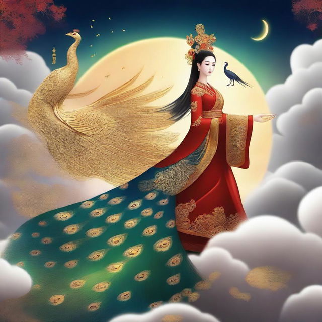 Generate an image of a mysterious ancient Chinese goddess riding a golden peacock, flying in the sky with a cane in her hand