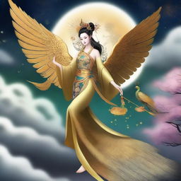 Generate an image of a beautiful and mysterious ancient Chinese goddess riding a golden peacock, flying in the sky with a cane