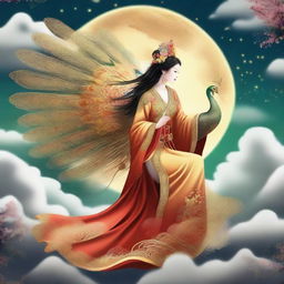 Generate an image of a beautiful and mysterious ancient Chinese goddess riding a golden peacock, flying in the sky with a cane