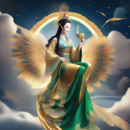 Generate an image of a beautiful and mysterious ancient Chinese goddess riding a golden peacock, flying in the sky with a cane