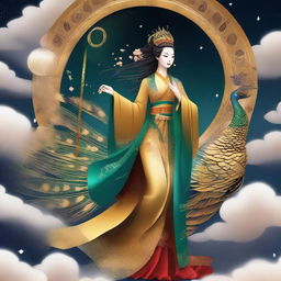 Generate an image of a beautiful and mysterious ancient Chinese goddess riding a golden peacock, flying in the sky with a cane