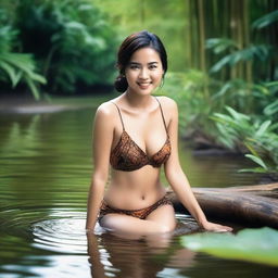 A super realistic, very high-resolution, super HD quality photograph captures a beautiful, sexy Indonesian woman in a very short, sexy batik lingerie that is open in the middle