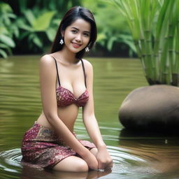 A super realistic, very high-resolution, super HD quality photograph of a beautiful, sexy Indonesian woman donning a thin bra and a super mini, sexy batik skirt