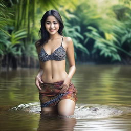 A super realistic, very high-resolution, super HD quality photograph of a beautiful, sexy Indonesian woman donning a thin bra and a super mini, sexy batik skirt