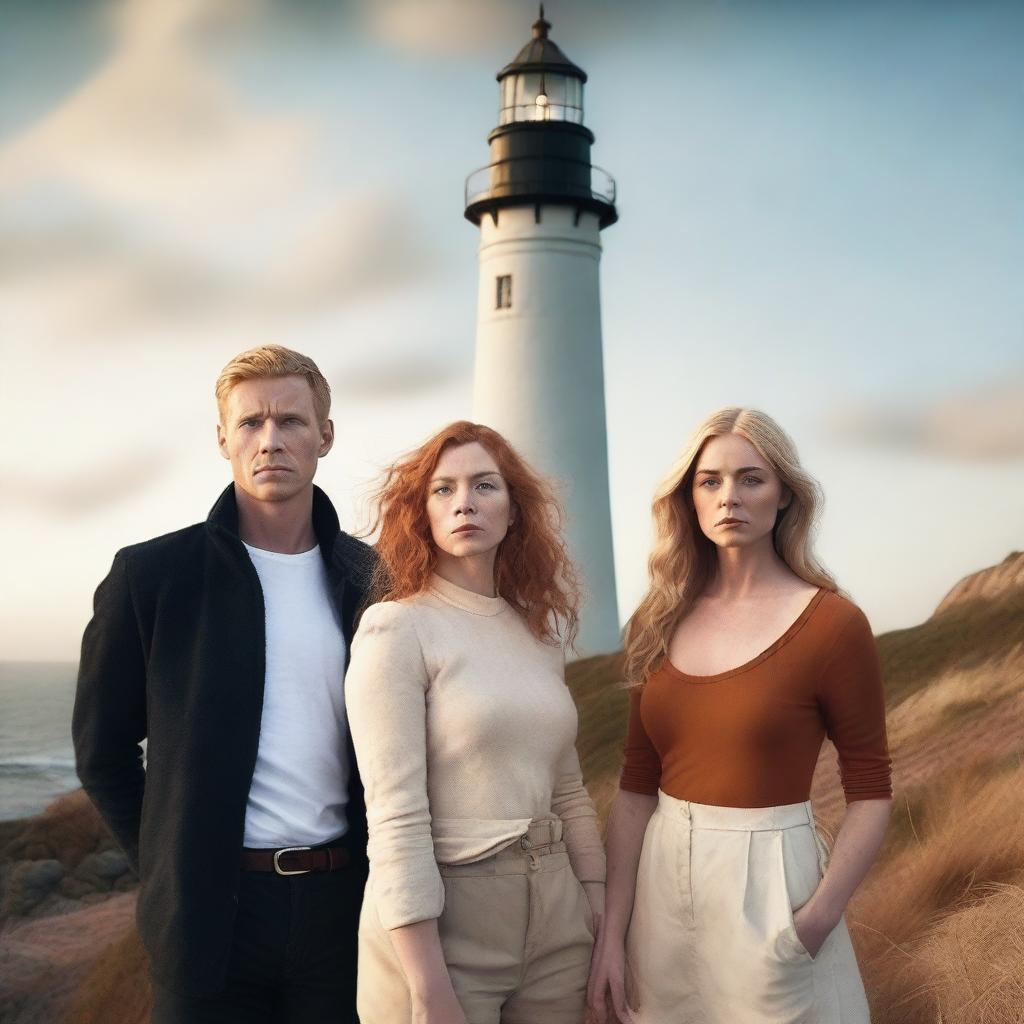 Generate a dramatic image featuring four adults - a blonde man, a ginger man, a brunette man, and a blonde woman