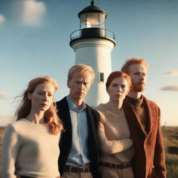 Generate a dramatic image featuring four adults - a blonde man, a ginger man, a brunette man, and a blonde woman