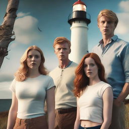 Generate a dramatic image featuring four young adults - a blonde man, a ginger man, a brunette man, and a blonde woman