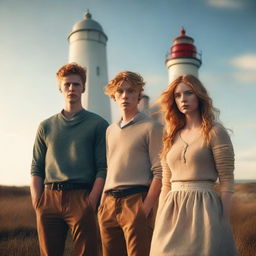 Generate a dramatic image featuring four young adults - a blonde man, a ginger man, a brunette man, and a blonde woman