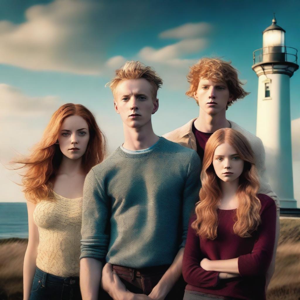 Generate a dramatic image featuring four young adults - a blonde man, a ginger man, a brunette man, and a blonde woman