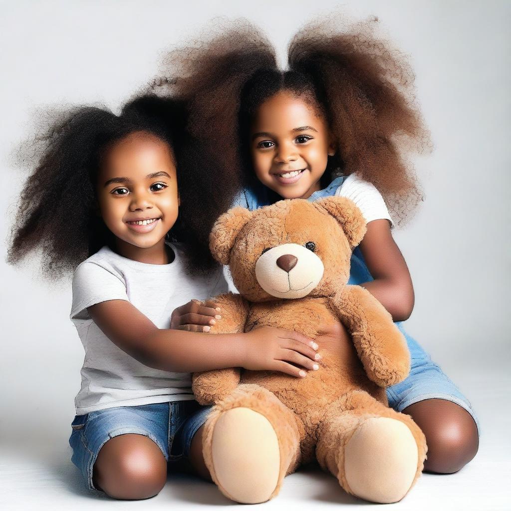 Generate an image of two black girls happily playing with a teddy bear