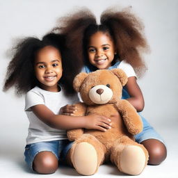 Generate an image of two black girls happily playing with a teddy bear