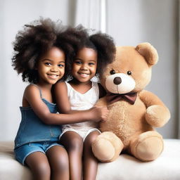 Generate an image of two black girls happily playing with a teddy bear