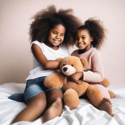 Generate an image of two black girls happily playing with a teddy bear