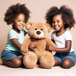 Generate an image of two black girls happily playing with a teddy bear