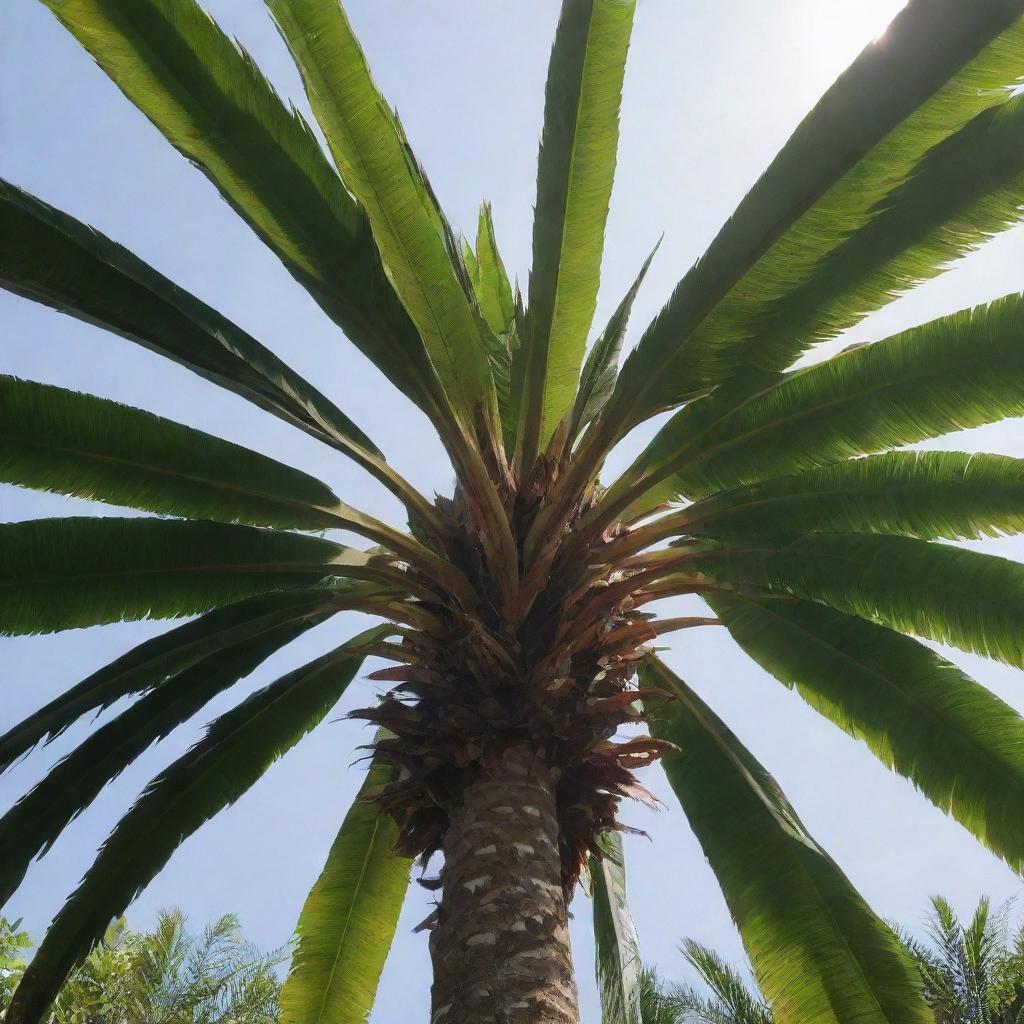 An oil palm tree basking in the warm sunlight, its leaves lit up as it undergoes the process of photosynthesis.