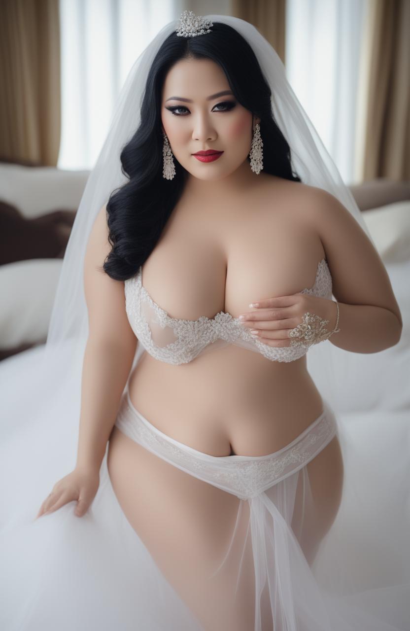 A beautiful, mature, plus-sized Indonesian model is depicted on her wedding day