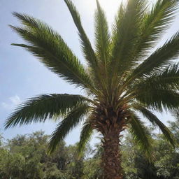 An oil palm tree basking in the warm sunlight, its leaves lit up as it undergoes the process of photosynthesis.