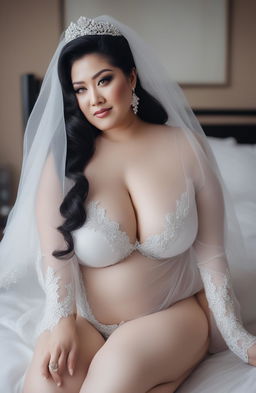 The image depicts a mature, plus-sized Indonesian model on her wedding day