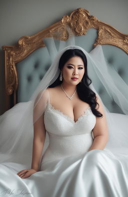 The image depicts a mature, plus-sized Indonesian model on her wedding day