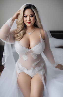 The image depicts a mature, plus-sized Indonesian model on her wedding day