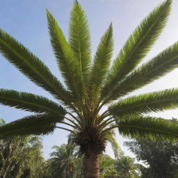 An oil palm tree basking in the warm sunlight, its leaves lit up as it undergoes the process of photosynthesis.