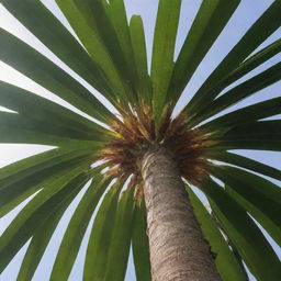 An oil palm tree basking in the warm sunlight, its leaves lit up as it undergoes the process of photosynthesis.