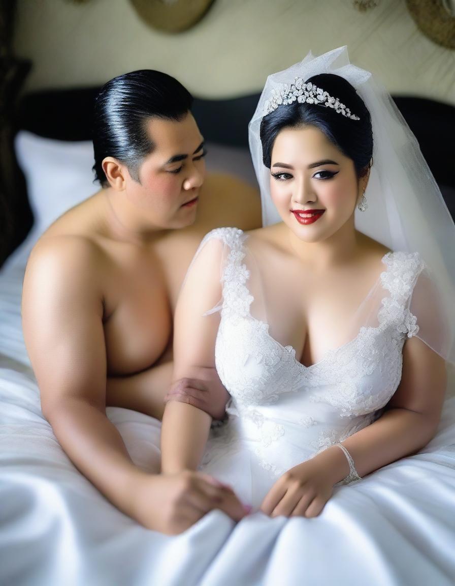 A beautiful, mature Indonesian model is depicted as a bride on her wedding day, naked and adorned in a transparent satin veil and blouse