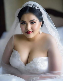 A beautiful, mature Indonesian model is depicted as a bride on her wedding day, naked and adorned in a transparent satin veil and blouse