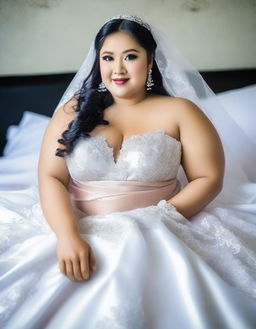 A beautiful, mature Indonesian model is depicted as a bride on her wedding day, naked and adorned in a transparent satin veil and blouse