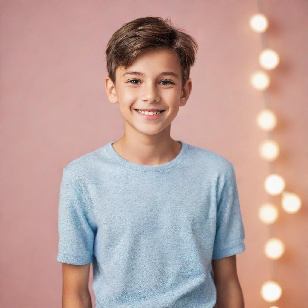 A stylish, handsome boy with an engaging smile and sparkling eyes. He's casually dressed, standing against a brightly lit yet soft background, exuding charisma and youthful energy.