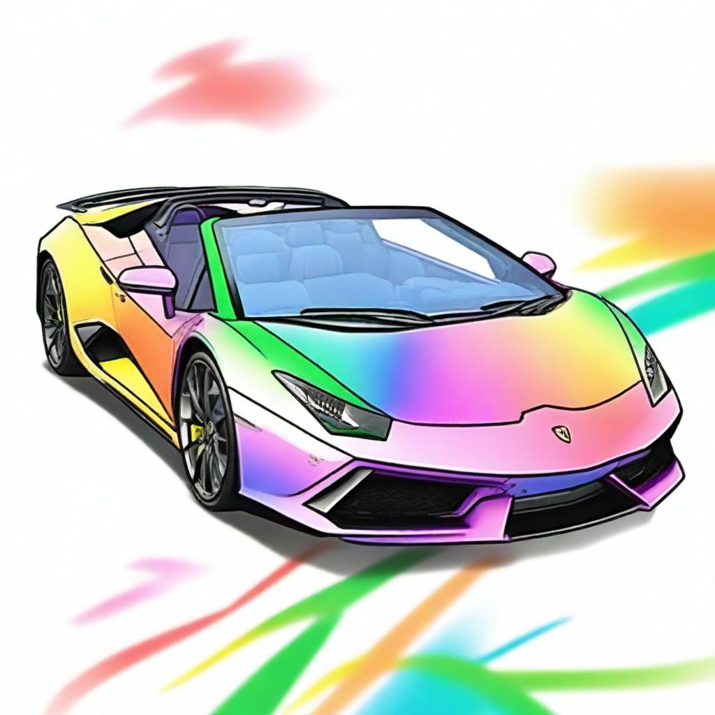 Depict a rainbow-colored Lamborghini Evo Spyder