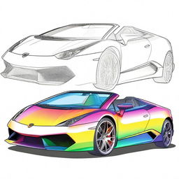 Depict a rainbow-colored Lamborghini Evo Spyder