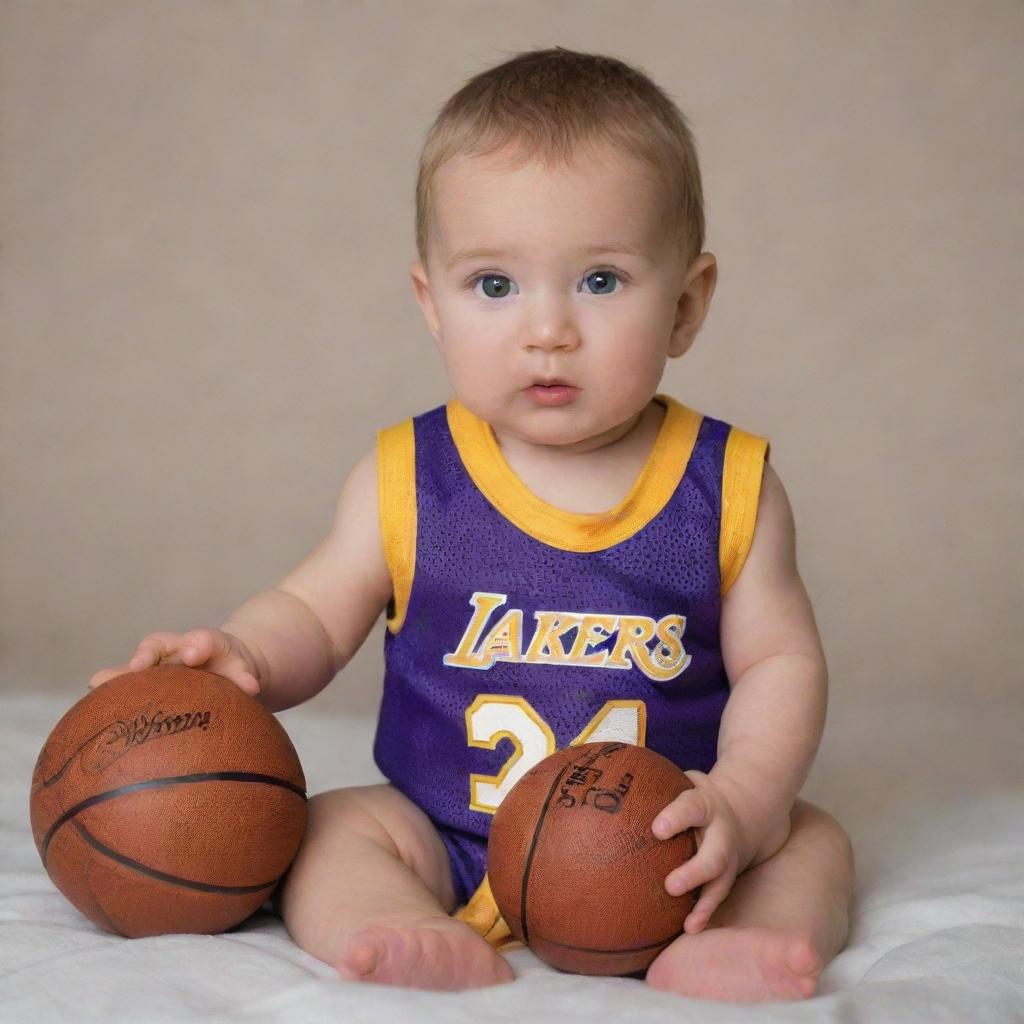 A baby version of Kobe Bryant with Caucasian features, wearing a miniature Lakers jersey and holding a small basketball.