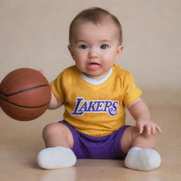 A baby version of Kobe Bryant with Caucasian features, wearing a miniature Lakers jersey and holding a small basketball.