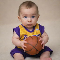 A baby version of Kobe Bryant with Caucasian features, wearing a miniature Lakers jersey and holding a small basketball.