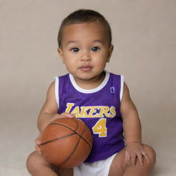 A baby version of Kobe Bryant with Caucasian features, wearing a miniature Lakers jersey and holding a small basketball.