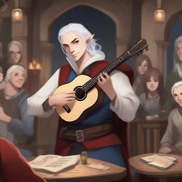 Create an image of a half-elf bard with white hair and red eyes