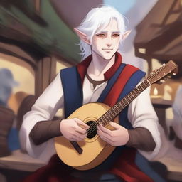 Create an image of a half-elf bard with white hair and red eyes