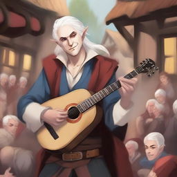 Create an image of a half-elf bard with white hair and red eyes