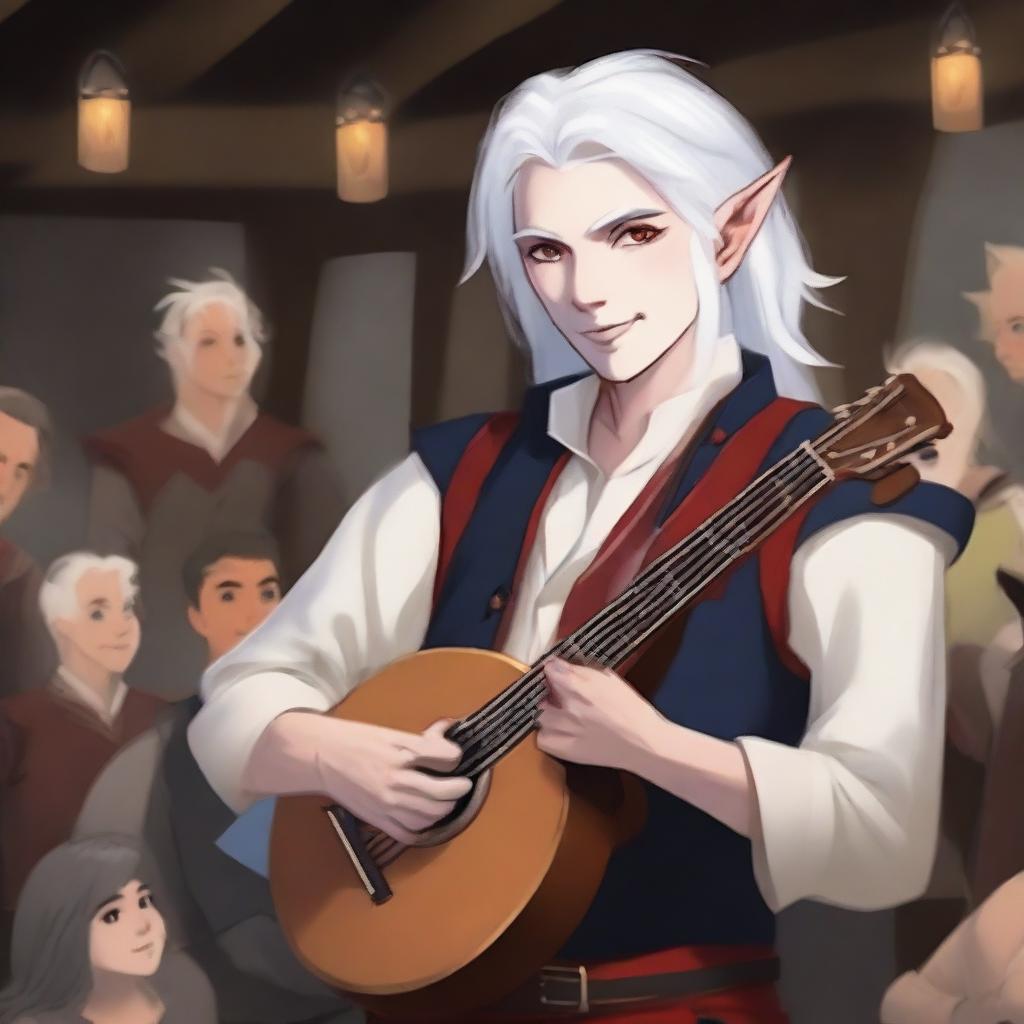 Create an image of a half-elf bard with white hair and red eyes