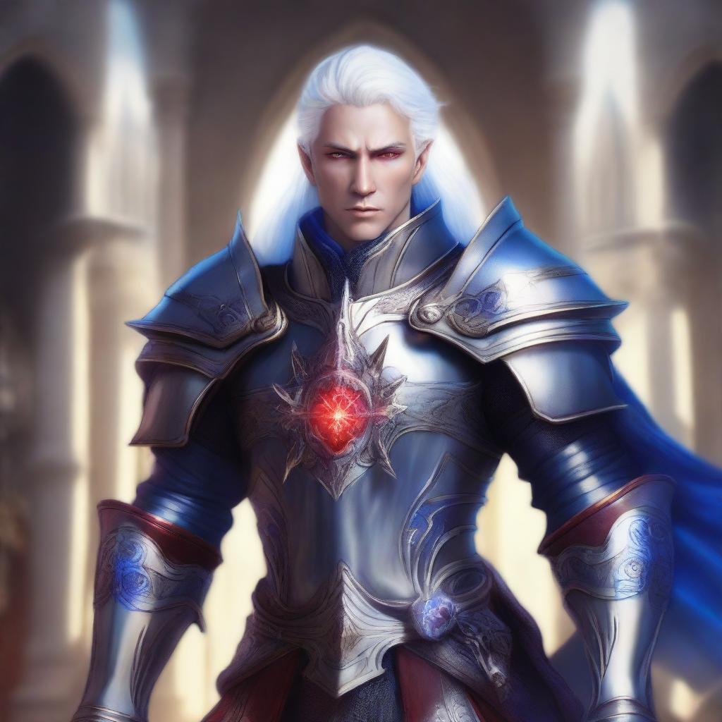 Generate an image of a half-elf paladin with white hair and unique red eyes with blue irises