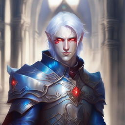 Generate an image of a half-elf paladin with white hair and unique red eyes with blue irises