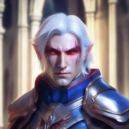 Generate an image of a half-elf paladin with white hair and unique red eyes with blue irises