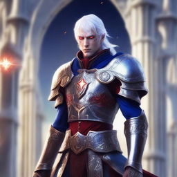 Generate an image of a half-elf paladin with white hair and unique red eyes with blue irises