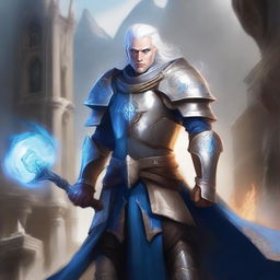 Create an image of a half-elf paladin with striking white hair and bright blue eyes