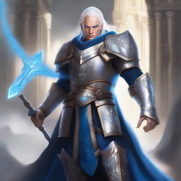 Create an image of a half-elf paladin with striking white hair and bright blue eyes