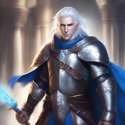 Create an image of a half-elf paladin with striking white hair and bright blue eyes